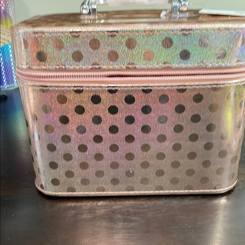 Pastel Pink Polka Dot Cosmetic Case with Metallic Finish